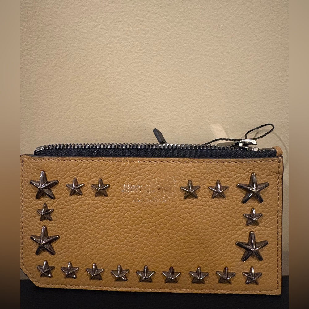Jimmy Choo Star-Studded Leather Zip Cardholder / Slim Wallet